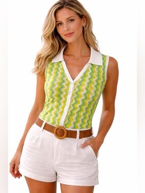 Sleeveless Collared Button-Front Knit Top in Lime Green Wave